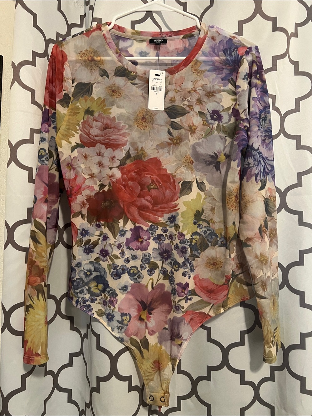 Express Floral Mesh Long-Sleeve Bodysuit - Red, Purple, Yellow